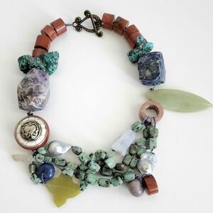 17 " Beaded Gemstone Statement Necklace w/ Turquoise, Lapis, Amethyst, Pearl